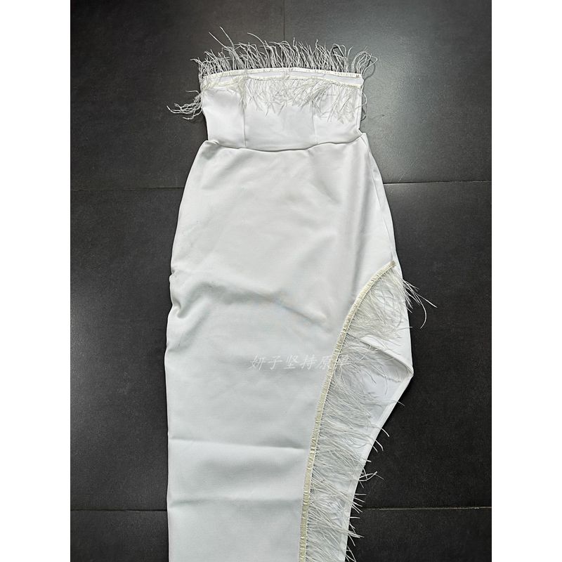 Export Single Catwalk Fashionable Cocktail Party Bandage High Slit Tube Top Feather Edge High Waist Sexy Slim Hip Dress