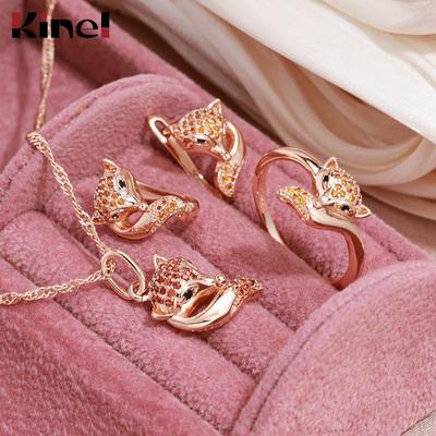 Kinel Rode Natuurlijke Zirkoon Vos Sieradenset Vintage Roségouden Kleur Dierlijke Ketting Oorbellen En Ring Sets