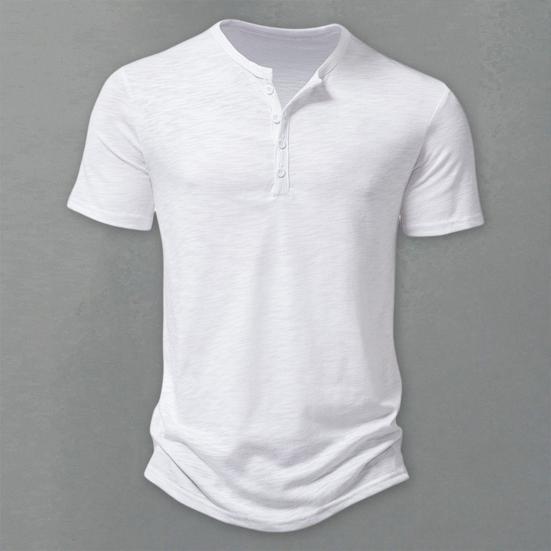 Men Summer T-shirt Solid Color Pullover Buttons O Neck Short Sleeves Daily Wear Thin Mid Length Breathable Men Top Men Clothes