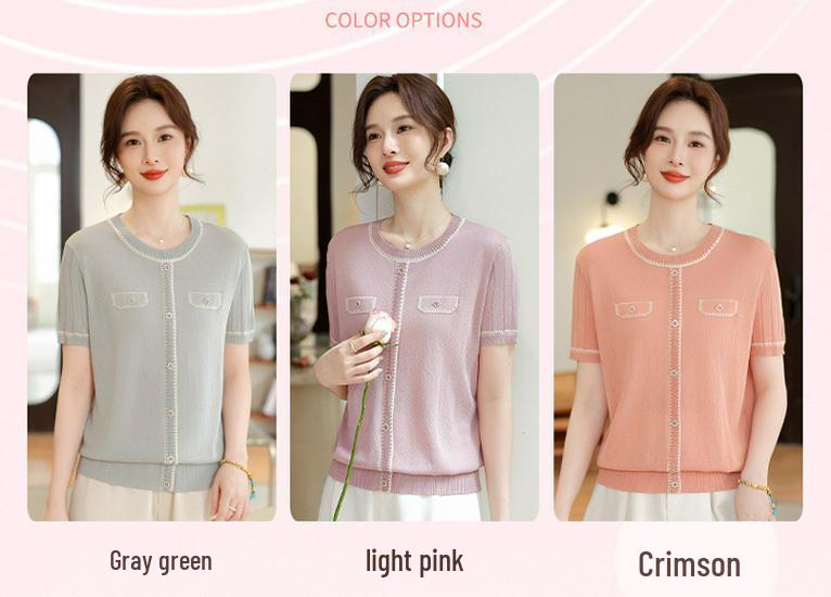 Mom's French Style Ice Silk Knit Top, Short Sleeve, Versatile & Stylish T-shirt for Middle-Aged Women, New Summer Fashion.