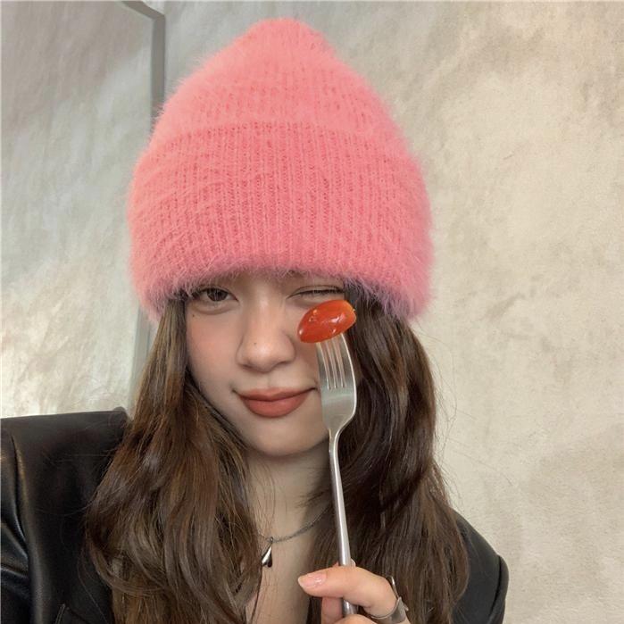 Women Winter Soft Faux Mink Fur Knitted Beanie, Japanese & Korean Style Warm Thick Cashmere-Like Rolled Edge Hat, Cozy Fluffy Purple Knit Cap