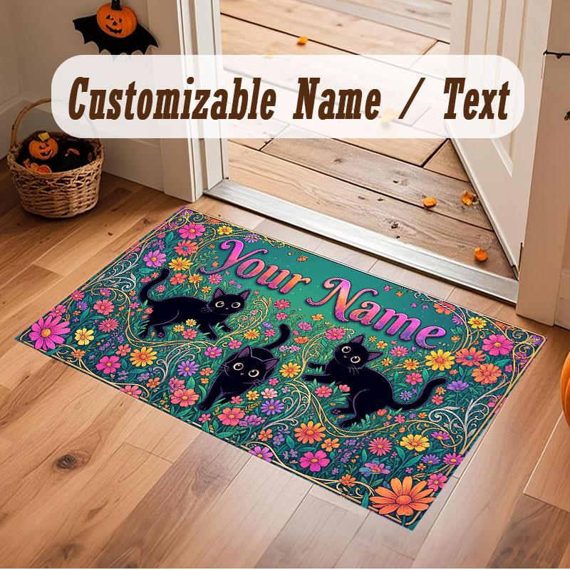 Cat Theme Crystal Velvet Floor Rug Personalized Custom Name Text Warm Carpet Home Decoration