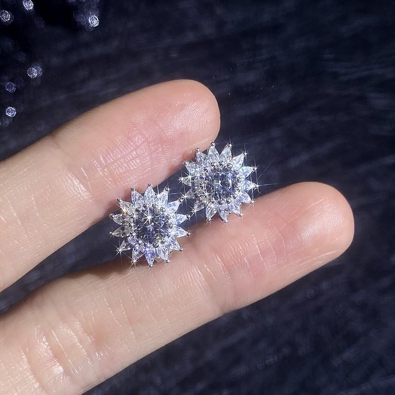 Sterling Sunflower Stud Earrings With Full Moissanite CZ Delicate Floral Jewelry Women 925 Sterling Silver