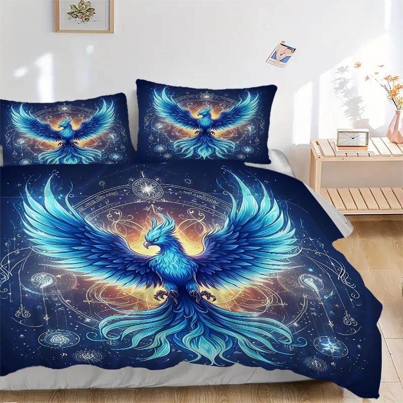 3pcs Blue Phoenix Rising Bedding Set - Includes Quilt Cover and Pillowcases, Suitable for All Seasons, Machine Washable - Ideal Gift for Fam