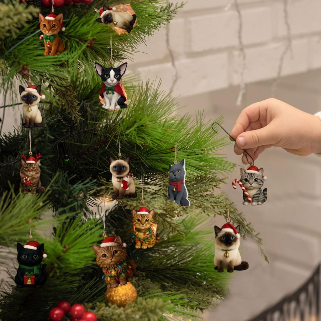 Christmas Ornament 24PCS Acrylic Cat Design 2D Flat Blind Box Festive Holiday Christmas Tree Hanging Decoration Accessory
