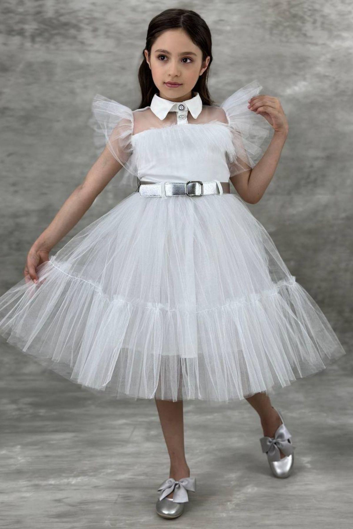 

Girl s Shirt Collar Bust And Sleeves Tulle Detailed Wednesday White Dress