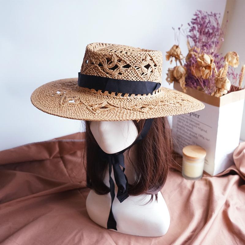 Japan Japanese French Retro Hollow Flower White Flat Top Top Hat Women'S Summer Sunshade Vacation Beach Straw Hat Outing