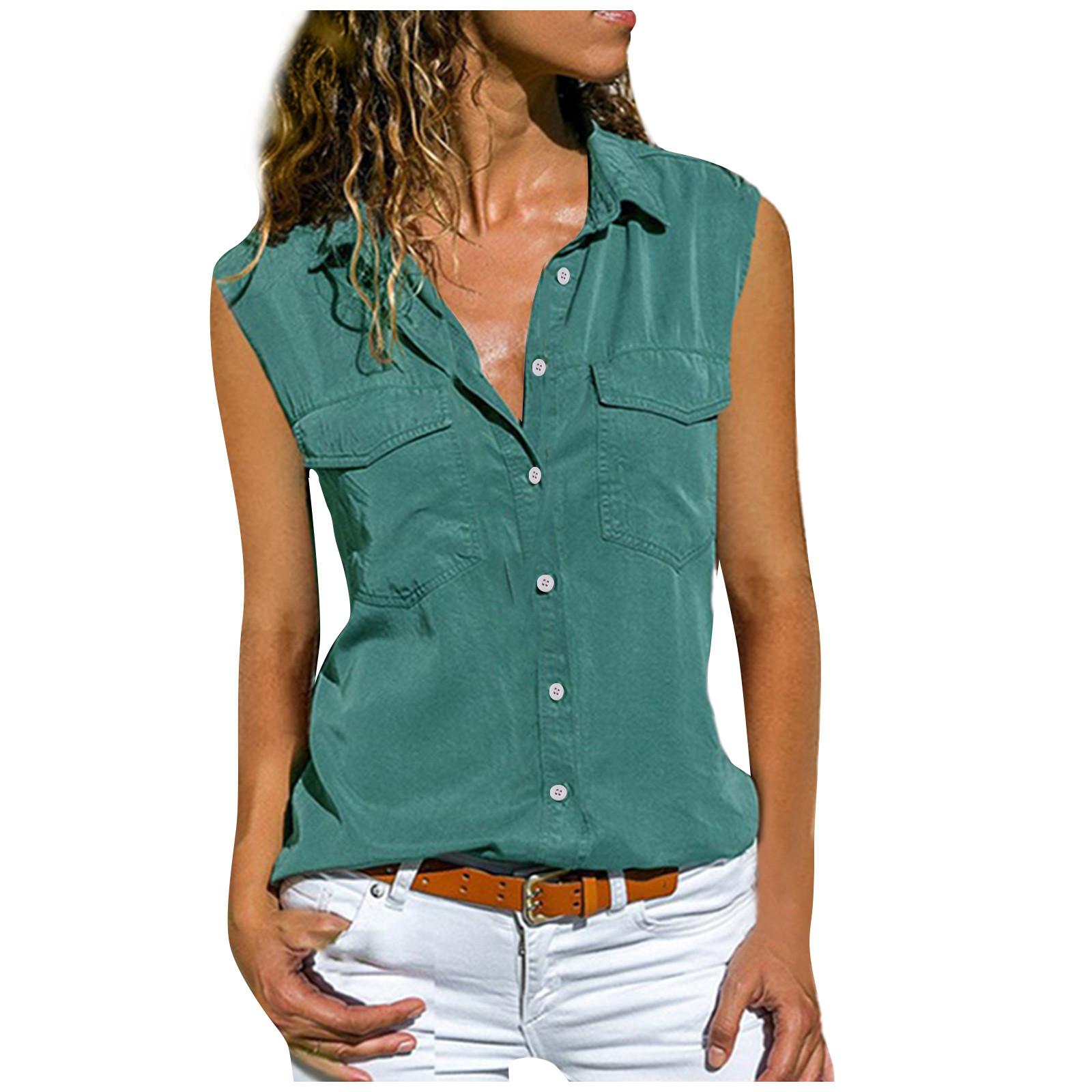 

Женская повседневная однотонная рубашка без рукавов с карманами и лацканами L циан