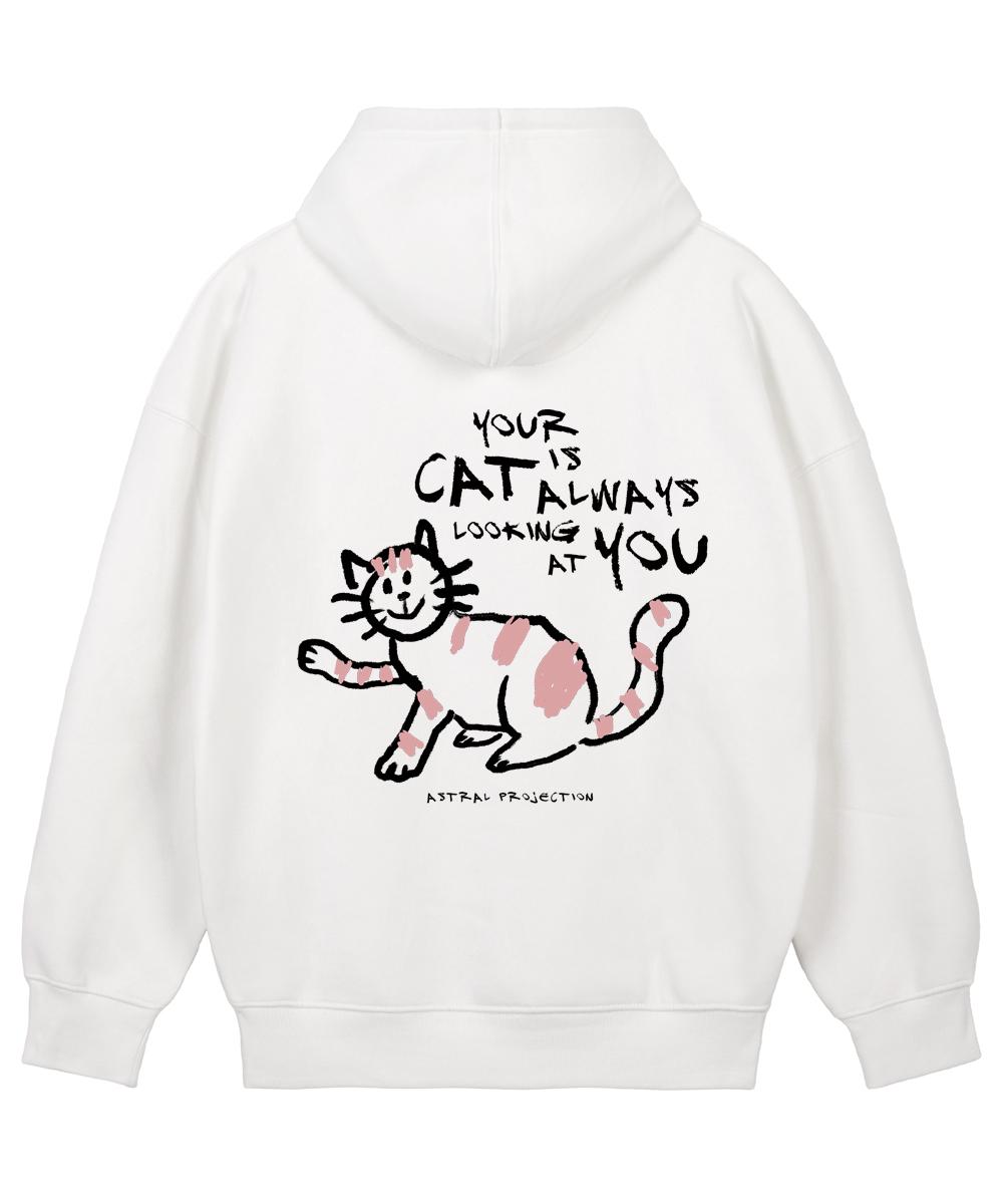 Astral Projection Doodle Cat Oversized Wide Shoulder Hoodie_White Xl