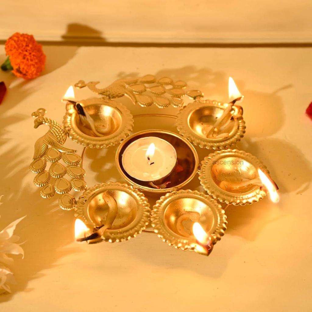 Peacock Diya Shape Decorative Urli Bowl for Home Decor with 5 Attached Oil Diyas for Floating Home Pooja Room (7 Inch)