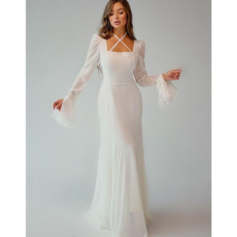 Frühling und Herbst Neue Damen Quadrat Kragen Trompete Ärmel Hohe Taille Slim-fit Elegante Kleid