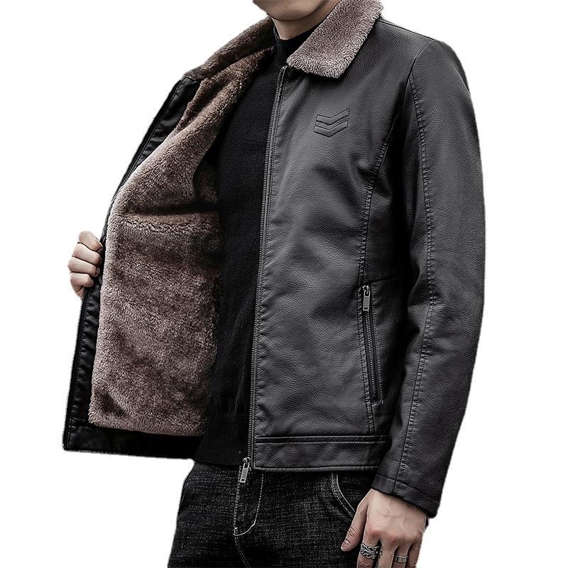 Men's Leather Jacket Plus Velvet Winter New Men's Pu Leather Jacket Lapel Middle-aged Men's Dad Wear Thickened