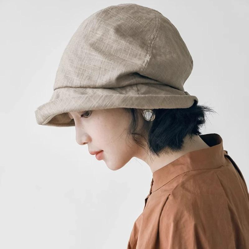 Japanese Cotton Linen Pleated Women Fisherman Hat Small Brim Summer UV Resistant Breathable Linen Bucket Hat Wrapped Head Ladies
