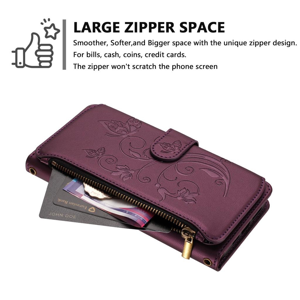 For Xiaomi Redmi Note 15 Pro 5G Leather Case Butterfly Floral Imprint Zipper Wallet Stand Cover with Wrist Strap
