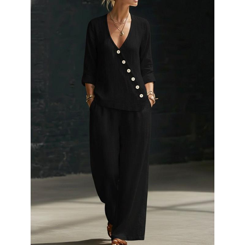 2026 Spring and Summer New Women's Clothing, European and American Minimalist Temperament Loose V-neck Diagonal Button Shirt Wide-leg Pants Two-piece