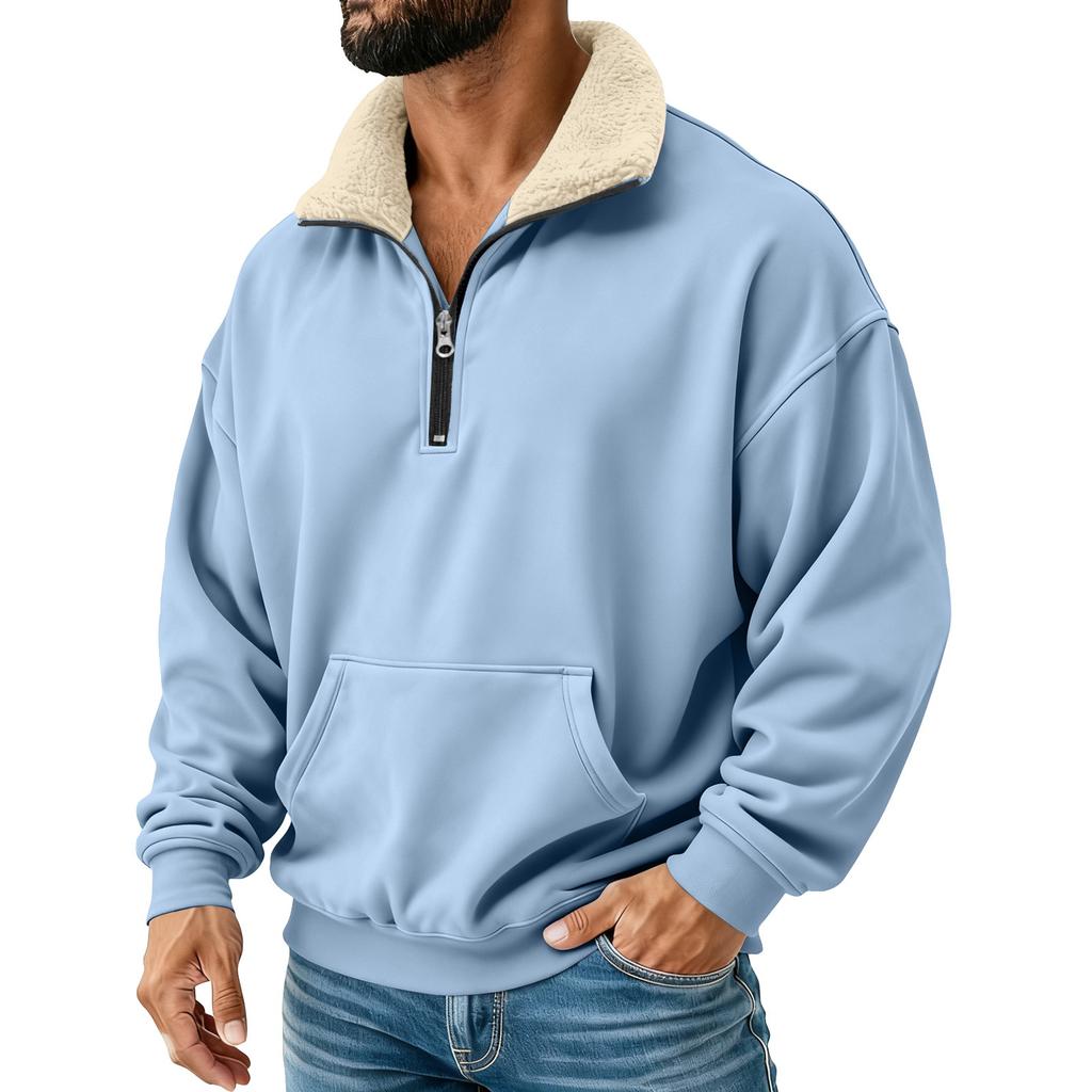 Men's Solid Color Half-Zip Stand Collar Plush Sweatshirt Men's Sports Plus Size Casual Sweatshirt