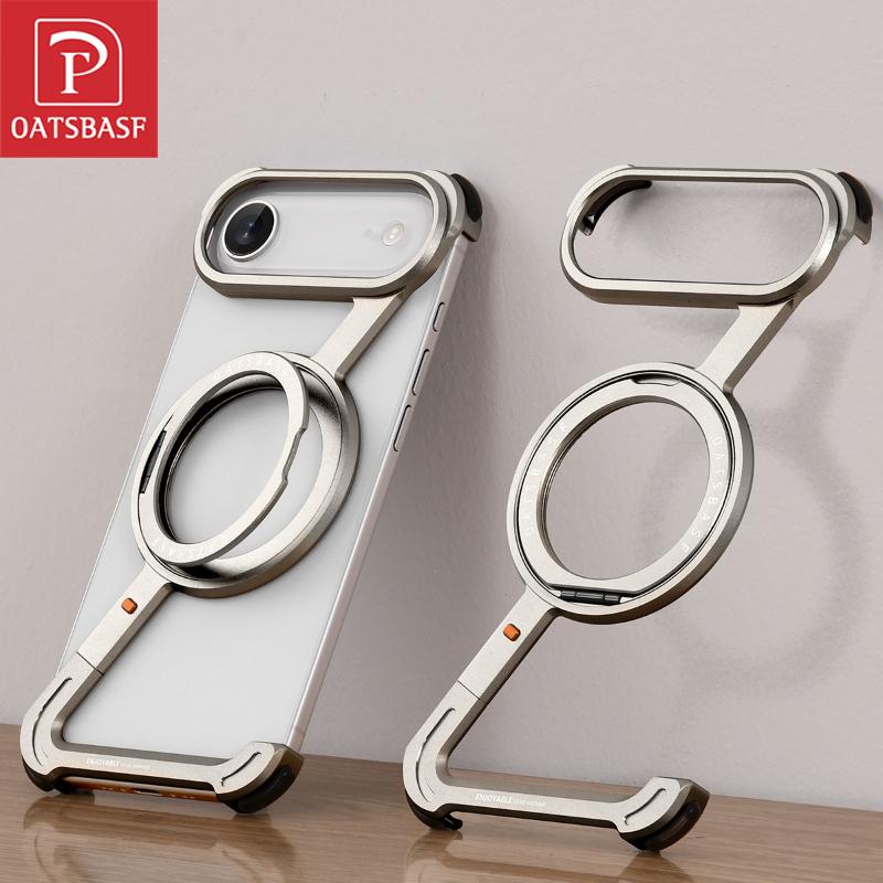 Oatsbasf Frameless Metal Phone Case for 17 Air/17 Pro/Pro Max with Kickstand 360° Rotatable Magsafe Protective Shockproof