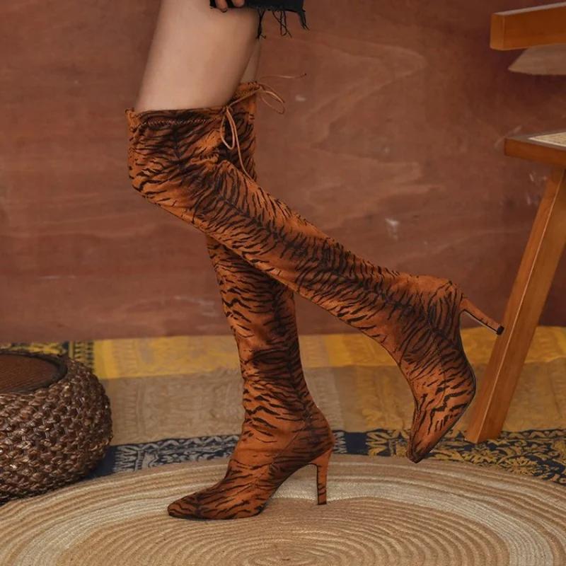 Móda Dámská Módní Kozačky Podzim Zima Leopard Nad Koleno Podpatky Kvalitní Semiš Dlouhé Pohodlné Špičaté Sexy Kozačky Stehenní Elastické Kozačky