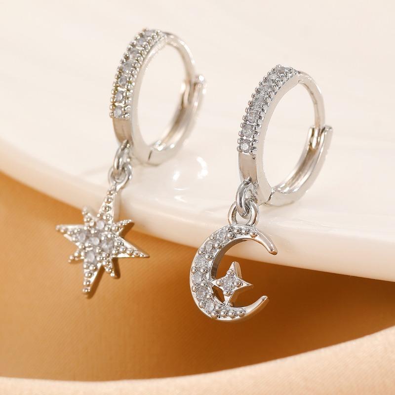 Asymmetric Zircon Pendant Earrings with Stars and Moon, Luxurious Quality Zircon, Trendy Women's Temperament, Daily Accessories