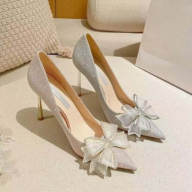 Rhinestone Celebrity Temperament Comfortable Wear-resistant High Heels 2025 Spring and Autumn New French Pointed Bow Single Shoes