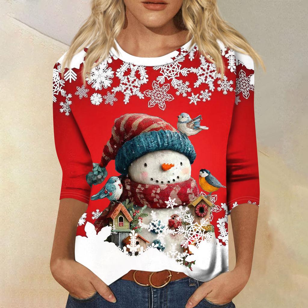 Damenmode Lässiges Rundhals-T-Shirt mit 3/4-Ärmeln und lockerem Aufdruck