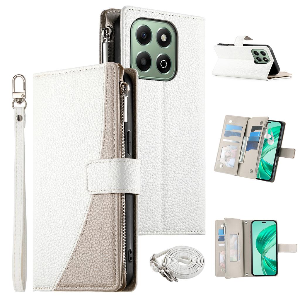 For Honor X6b 4G Case Zipper Wallet Color Splicing Leather Flip Phone Cover with Straps