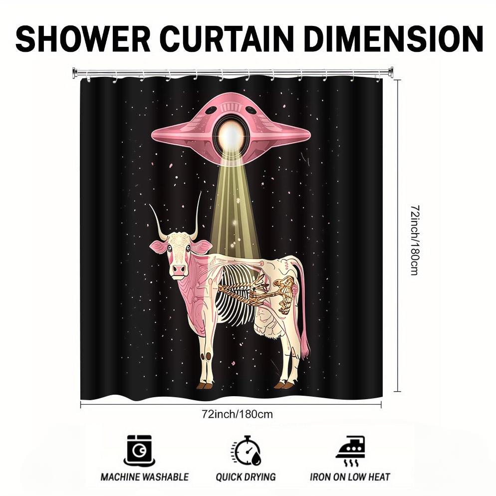 Ufo Abduction Cow Shower Curtain Sci-Fi Anatomy Art With Pink Flying Saucer, Black Background, Includes Hooks 70.8×70.8 Inches