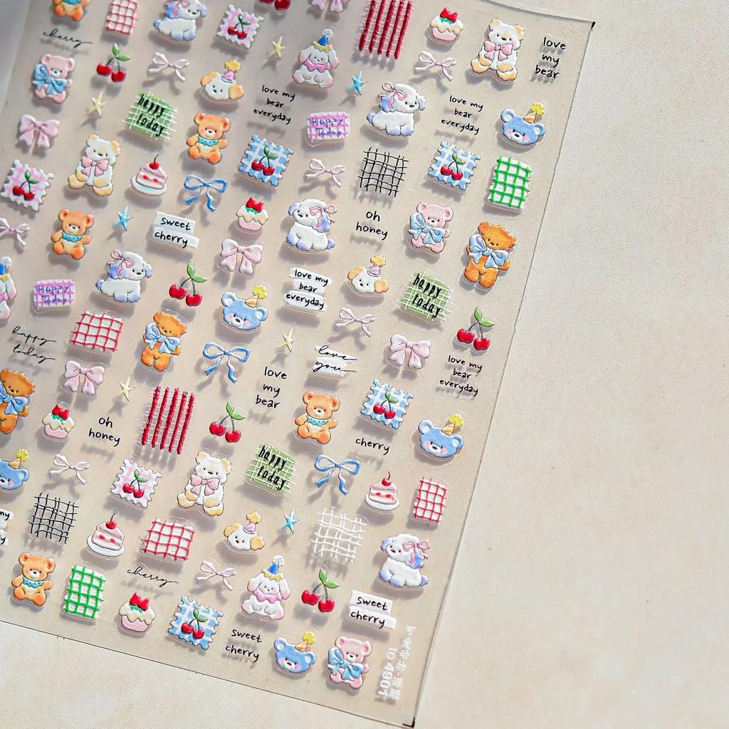 5D Pudding Jelly Dessert Fruit Cherry Pink Claw Print Bowknot Tie Knot Love Heart Stars Nail Art Sticker Adhesive Manicure Decal