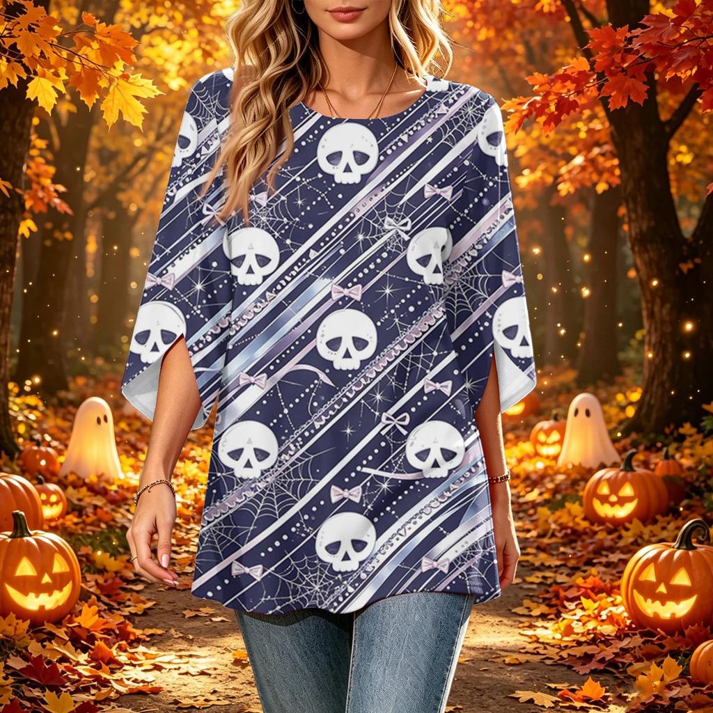Women's Halloween Print Casual Neck Loose Fit 3/4 Sleeve Top