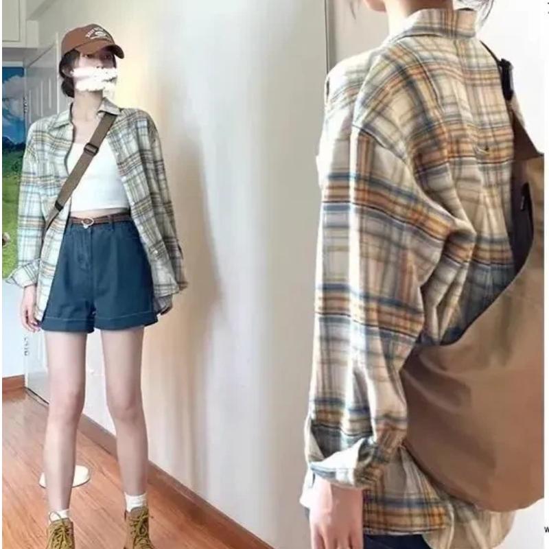Spring Women Plaid Flannel Button Down Shirt Long Sleeve Oversized Blouse S бежевый