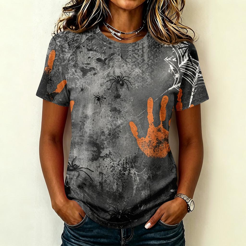Camiseta Ligera Informal para Mujer con Mangas Raglán, Cuello Redondo y Manga Corta, Estampado Gráfico Temático de Halloween