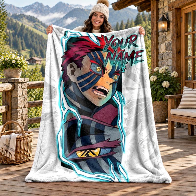 Akaza Demon Slayer Custom Name Flannel Blanket Personalized Soft Warm Plush Throw Blanket Customized Gift for Family Friends