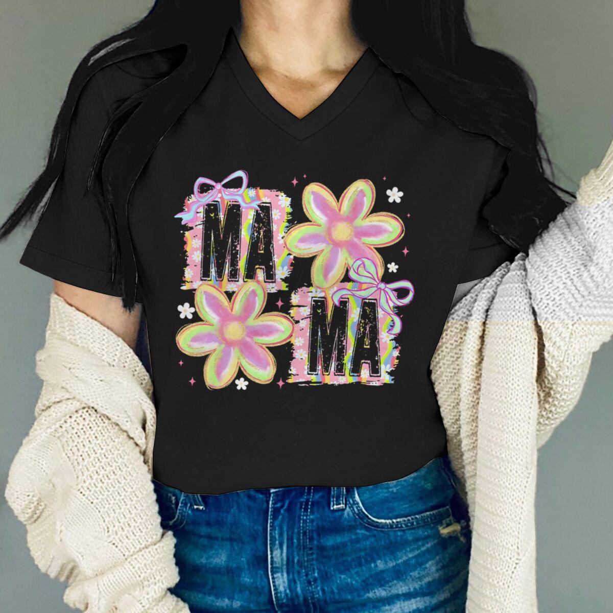 

Vintage Flower Mama T-Shirt V-neck Design Funny Gift for Mama Trendy Women Clothing Mother s Day Fashion Tops Soft Tee XL