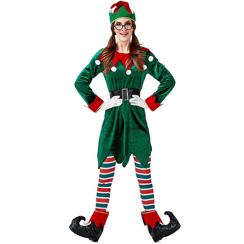 Adult Women Christmas Xmas Green Elf Top Stripe Pants Belt Hat Gloves Set Halloween Role Play Dress Up Cosplay Costume