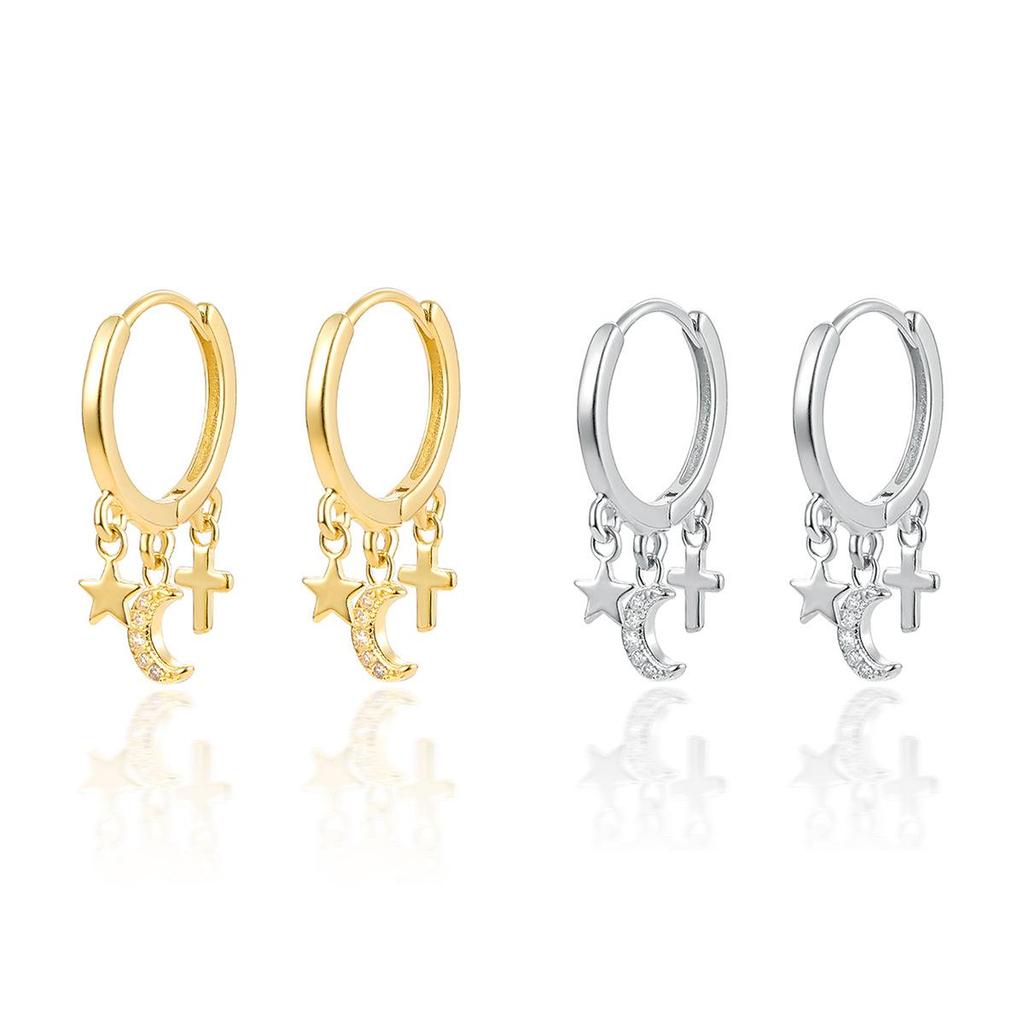Sterling Silver Star, Moon & Cross Zircon Earrings – Trendy and Versatile