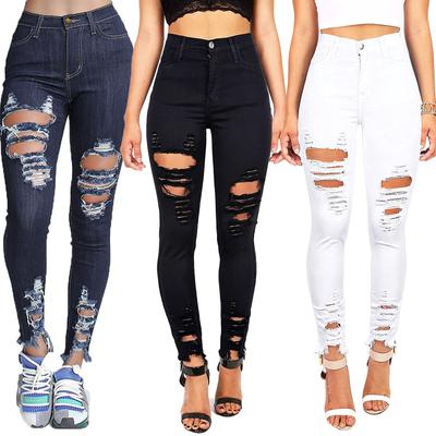 Fashion Women Button High Waist Pocket Jeans Trousers Hole Denim Pants