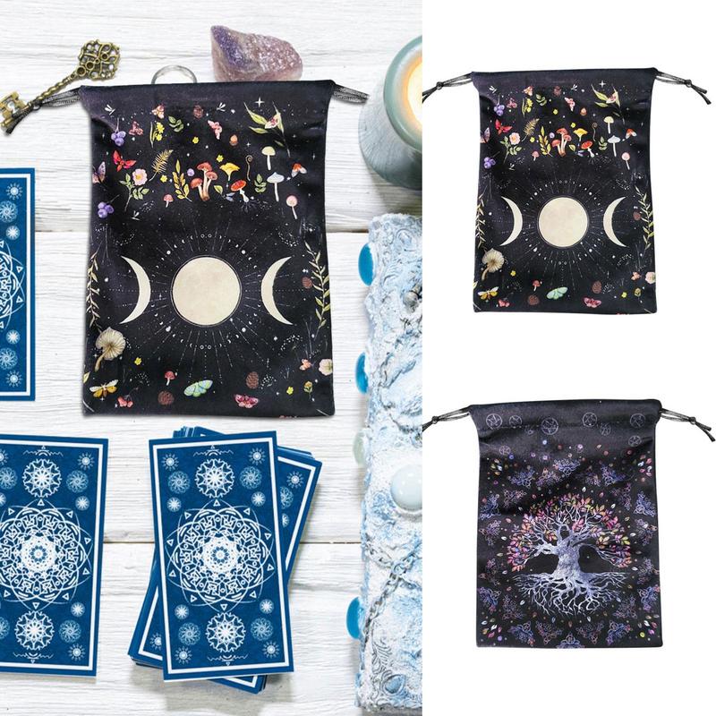 Flannel Tarot Deck Storage Bag Moon Phase Pattern Tarot Pouch With Drawstrings For Tarot Accessories  Dice Runes Gems Pouch