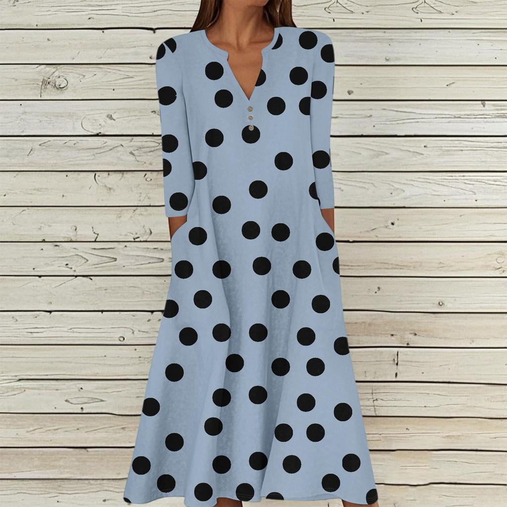 Women's Summer Casual V-Neck Button Retro Polka Dot Print Three-quarter Sleeve Long Dress With Pockets