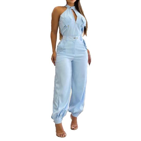 

Women s Summer 2 Piece Set Zip Up Sleeveless Halter Top And Cargo Pants Sets Casual Travel Vacation Outfits with Pockets S светло-синий
