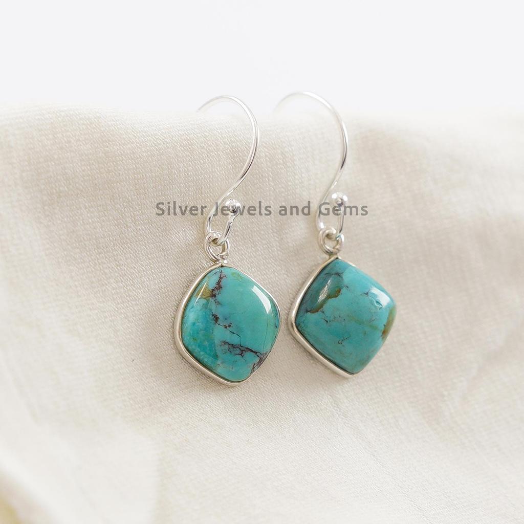 Arizona Turquoise Earrings, 925 Sterling Silver Ring, Square Gemstone Earring, Handmade Earrings for Her