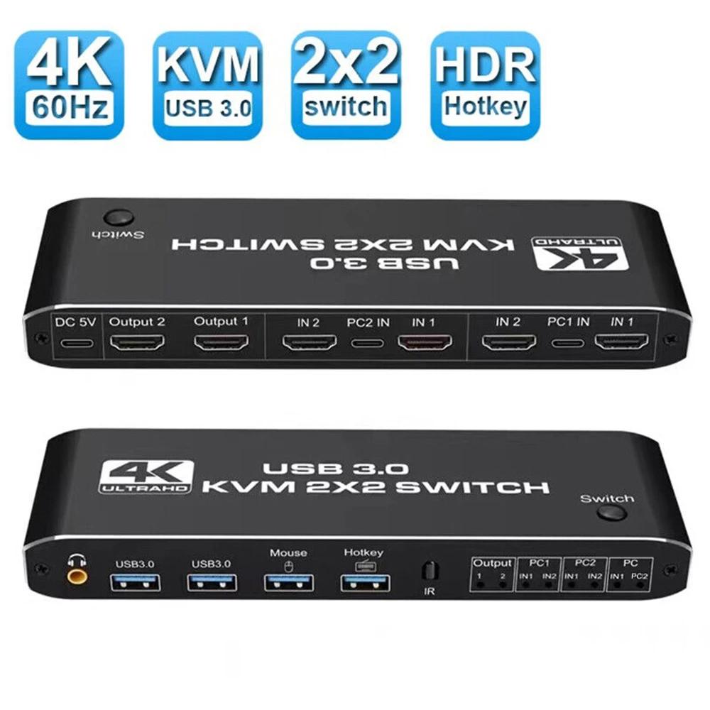 

K3 4K 60 Гц KVM-перемикач 2 входи 2 виходи для двох моніторів HDMI USB 3.0 аудіоекстрактор з 3,5 мм роз ємом As Shown A