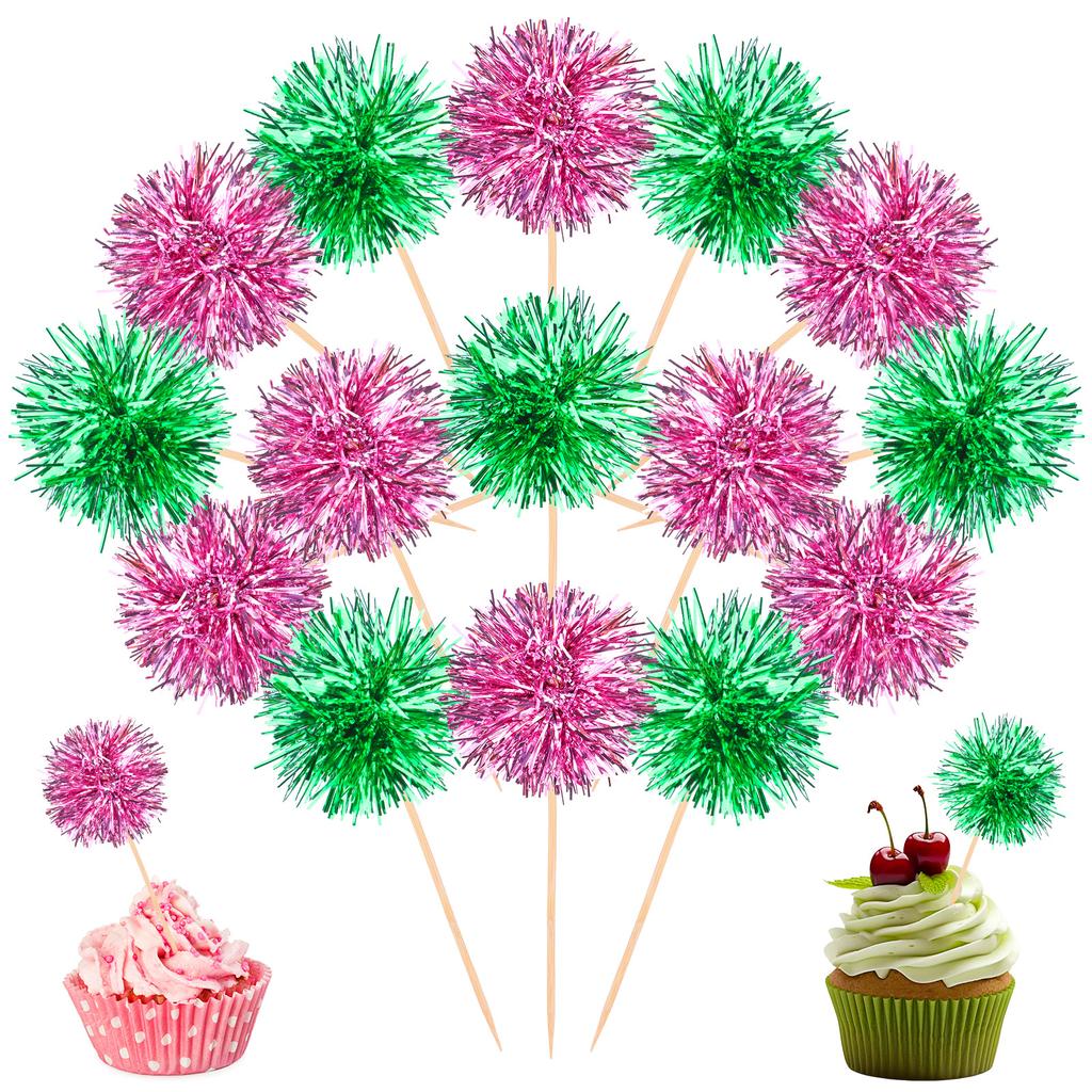 100Pcs Witch Themed Foil Firework Cupcake Toppers Wicked Cupcake Toppers Pink & Green Sparkle Tinsel Cake Toppers Cake Decoratio