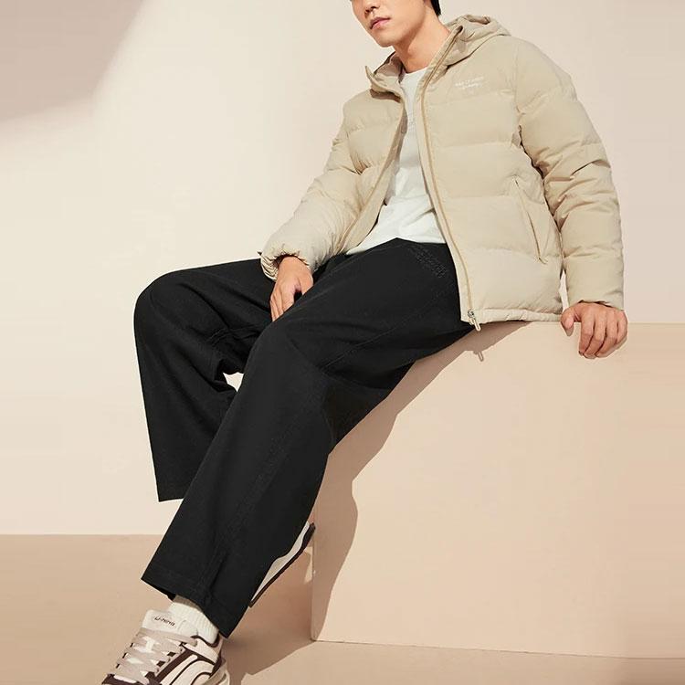 LiNing Logo Print Hooded Short Down Jacket Men Outerwear Off-White AYMS145-3