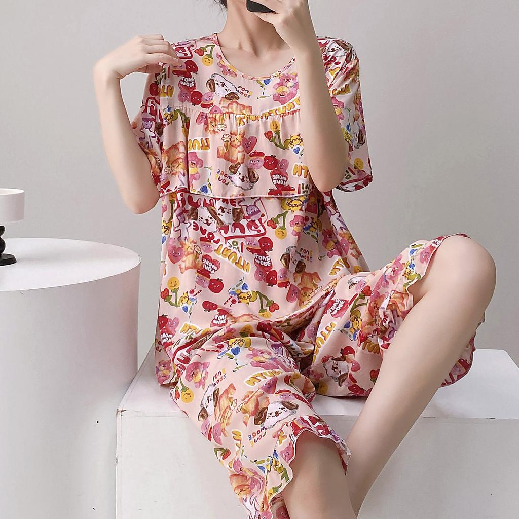 1011 New anti-bump cotton and silk pajamas women's summer ultra-thin short-sleeved trousers cotton and silk set large-size loungewear