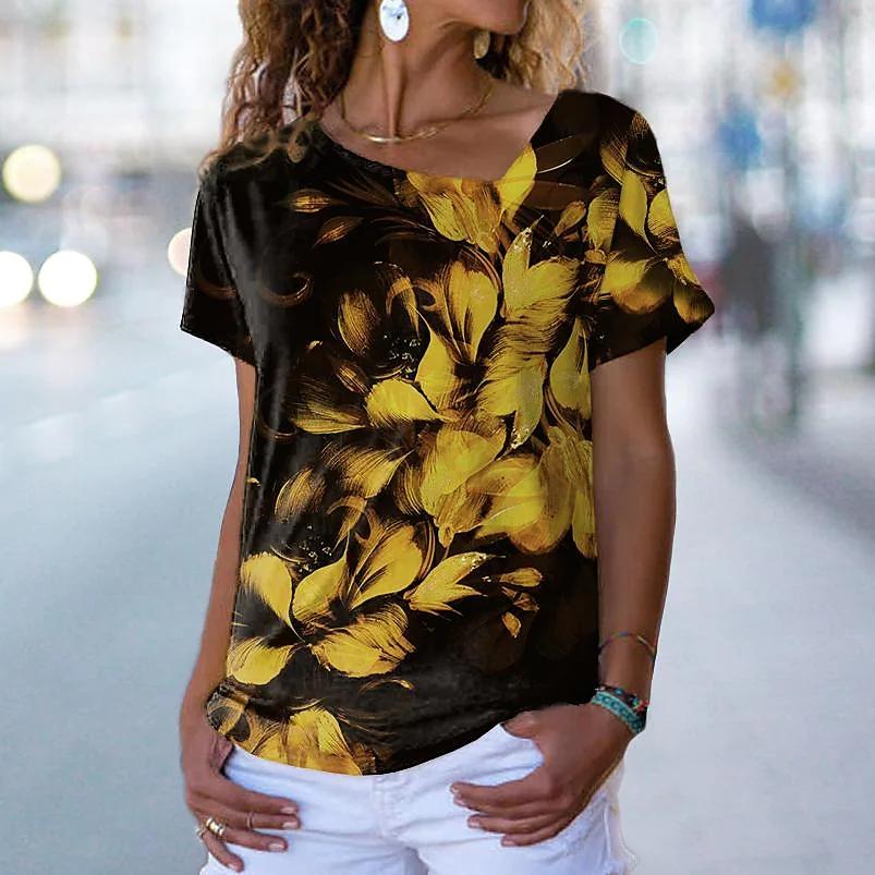 Summer Women's Floral Theme Printed Painting Pullover V Neck Flower Printed Streetwear Casual Oversized T Shirts Y2K Tops