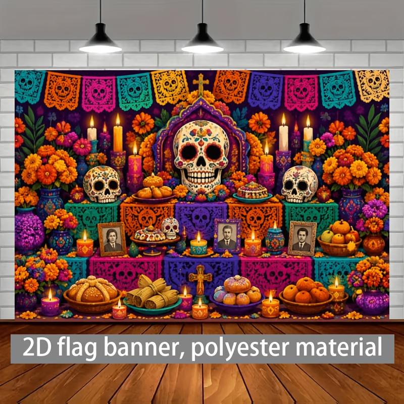 2D Flat Banner Background Fabric for the Halloween Theme, Featuring Painted Sugar Skulls,zyc