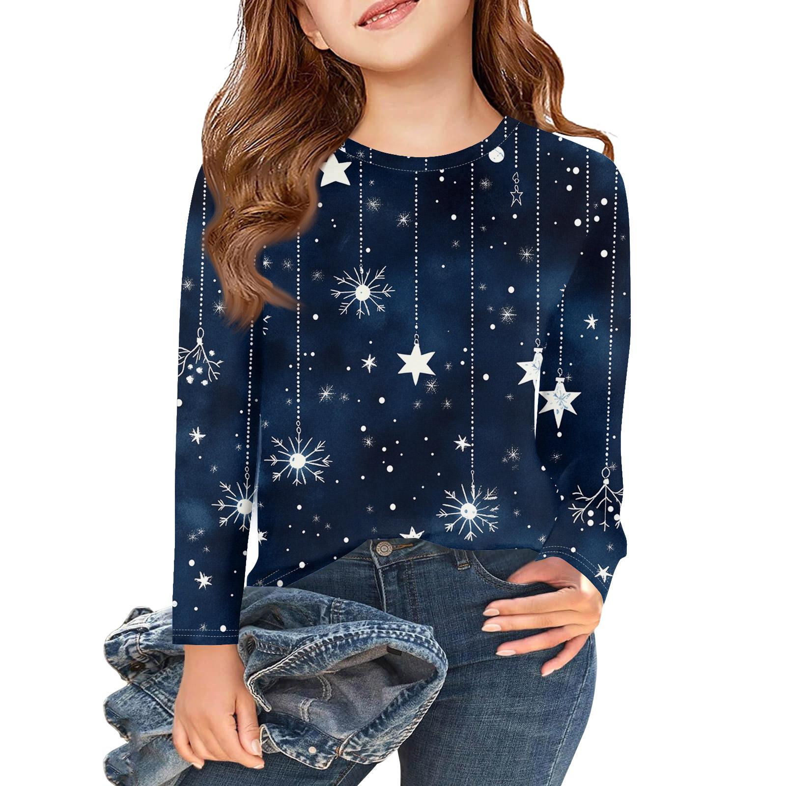 

Рождественские футболки с длинным рукавом для девочек, детские осенние топы с круглым вырезом и принтом, базовые футболки 110 синий