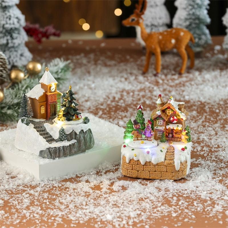 LED Illuminated Christmas Rotating Music Box Snow House Scene Ornament Battery Operated Desktop Decoration for Home