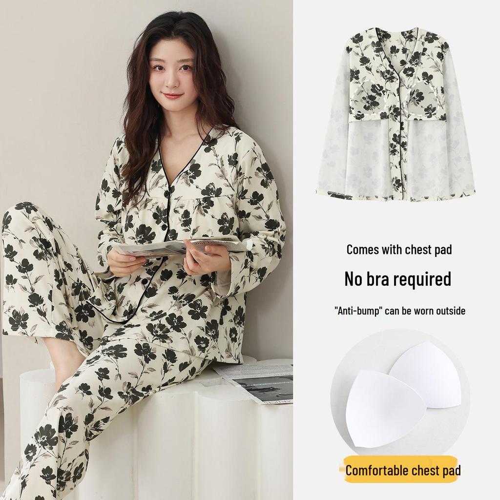 "Striped Korean-Style Cardigan Pajamas Set with Chest Pad for Women, Long-Sleeved, Spring/Autumn, Plus Size"