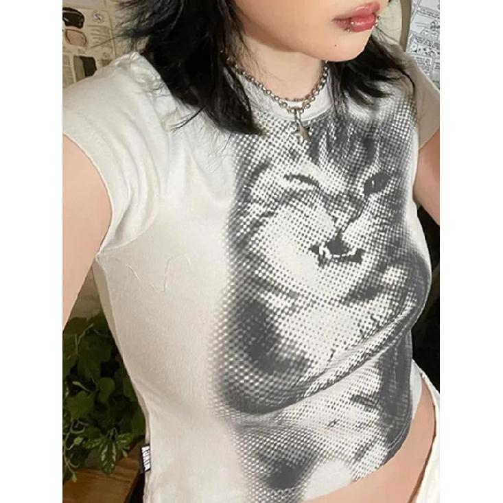 Harajuku Animal Print Crop Top Basic White Short Sleeve Crewneck T-shirt Women Casual Slim-fitting Tees Lady Y2k Vintage
